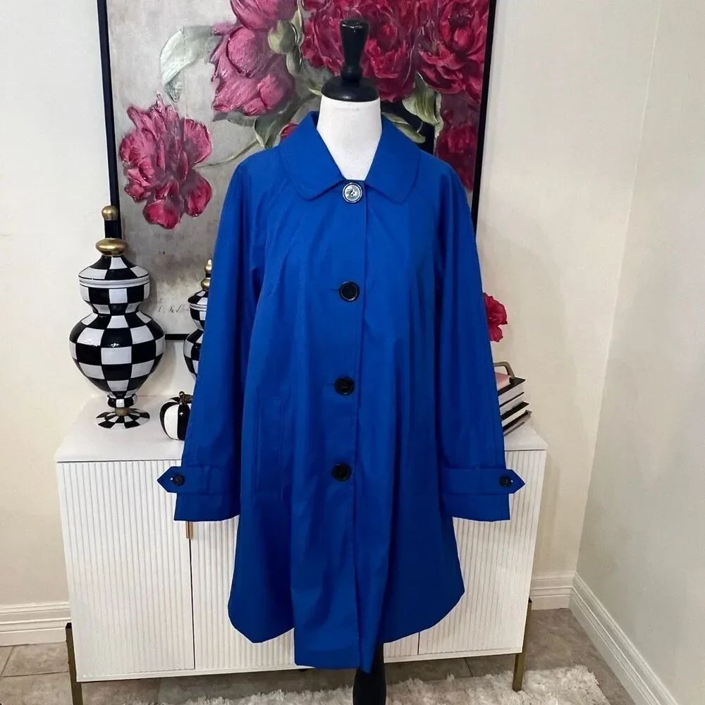 Dennis Basso Women's Collared Button Front Lined Trench Coat Blue Large